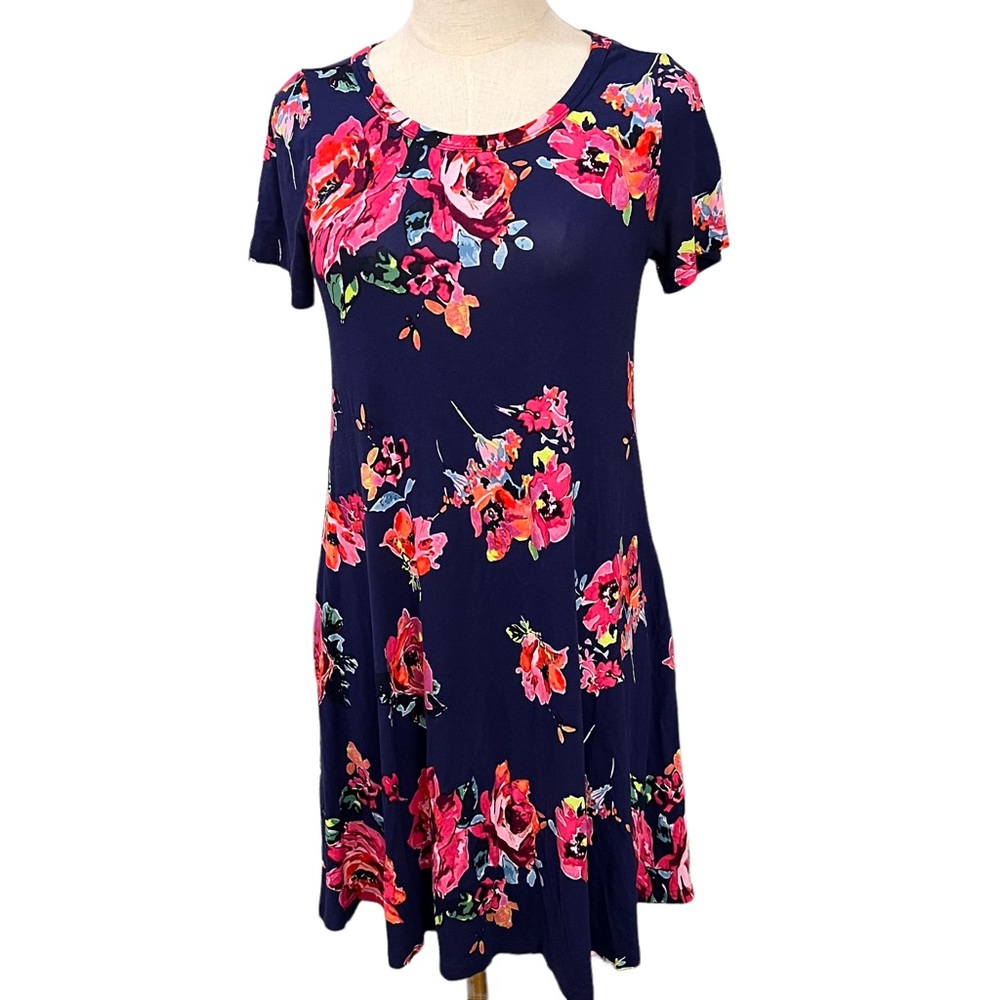 Korsis Women’s Short Sleeve Navy Blue Pink Floral Dress w/ Pockets Size S